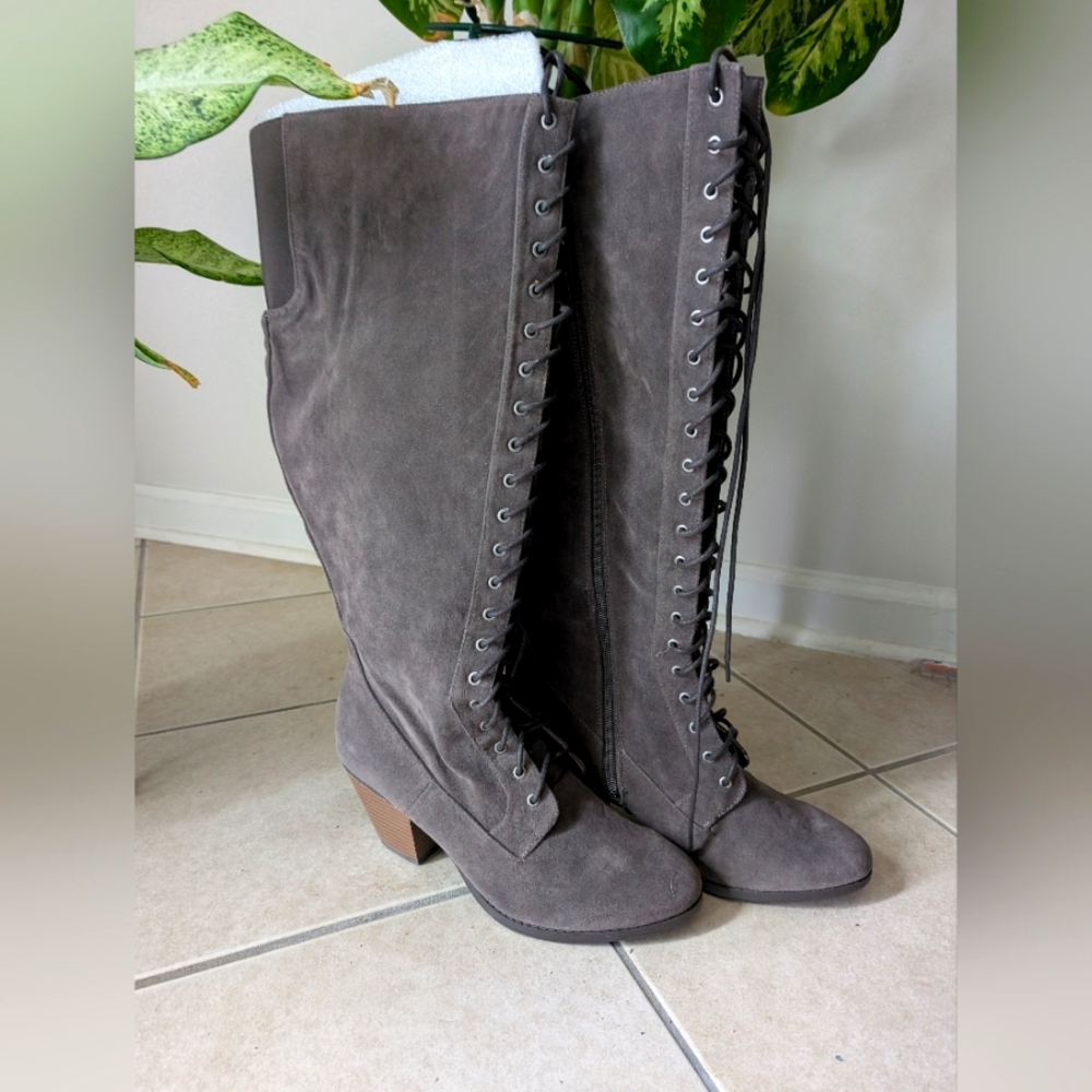 Lane Bryant Gray Suede Lace Up Knee Boots